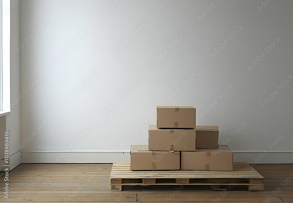 Cardboard boxes stacked on a wooden pallet in an empty room. Cardboard boxes stacked on a wooden pallet in an empty room.
