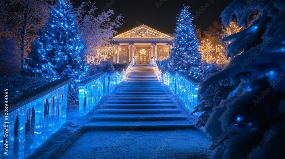 Fototapeta premium Majestic winter wonderland with illuminated trees and snow-covered pathway