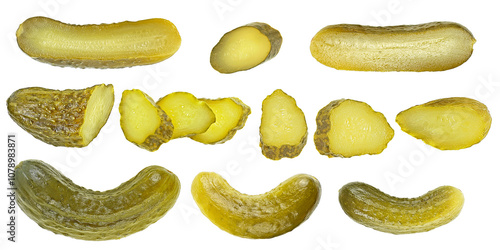 Canvas-taulu Collection of pickled cucumbers and slices isolated on a white background