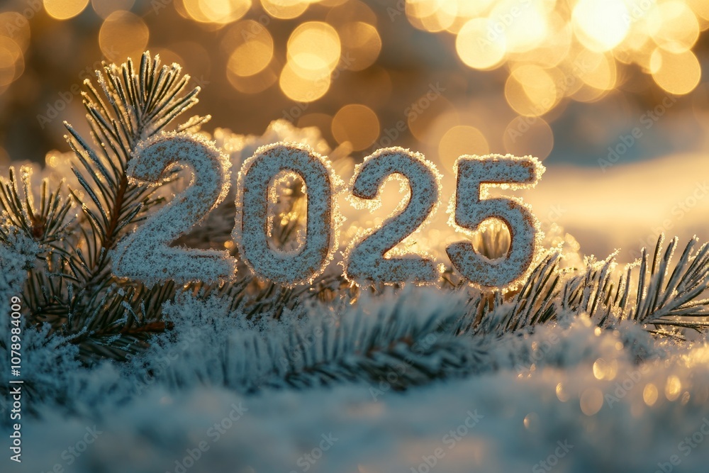 Wooden christmas 2025 inscription surrounded by fluffy snow covered tree branches Wooden christmas 2025 inscription surrounded by fluffy snow covered tree branches
