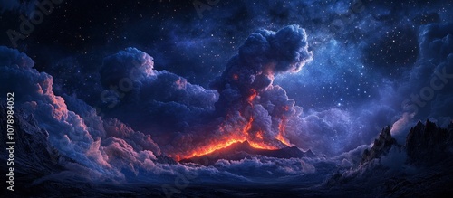 A fiery volcanic eruption seen through the clouds at night with a starry sky above.