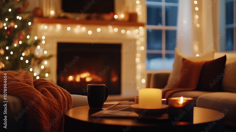 Fototapeta premium A cozy living room with a fireplace and candles lit on a coffee table