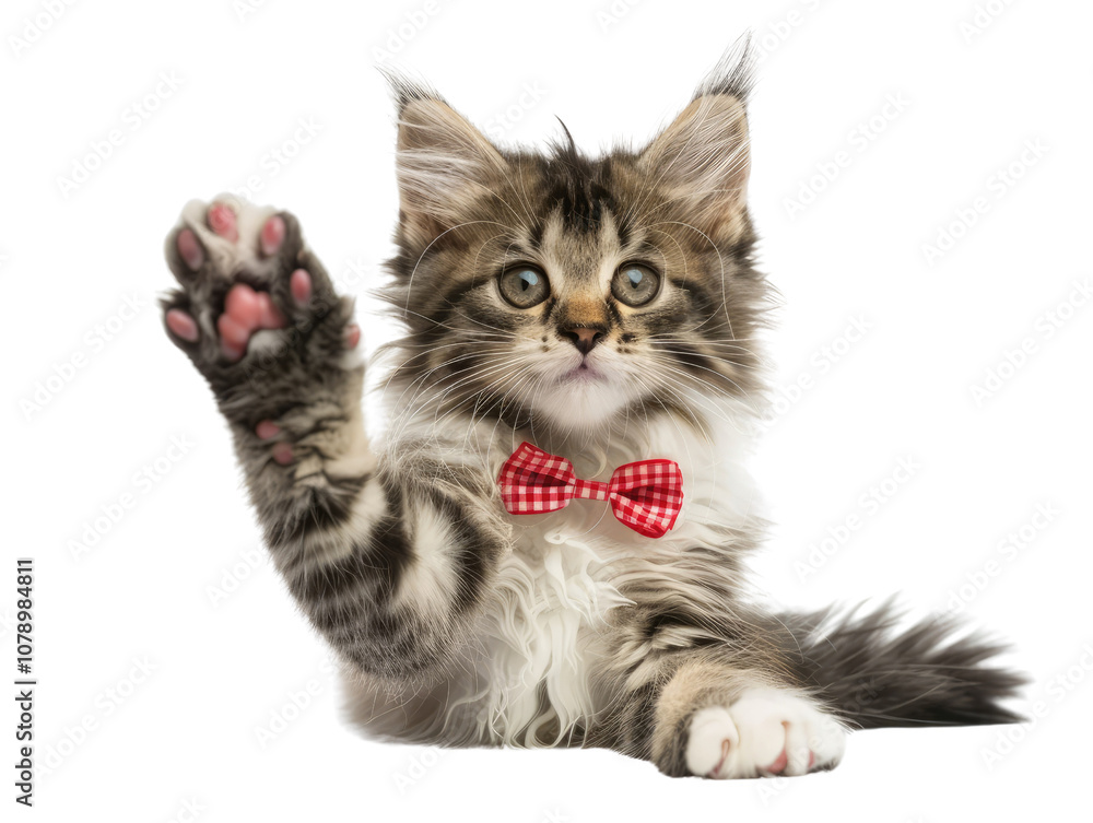 Obraz premium Adorable tabby cat with red bow tie raising paw on transparent background.