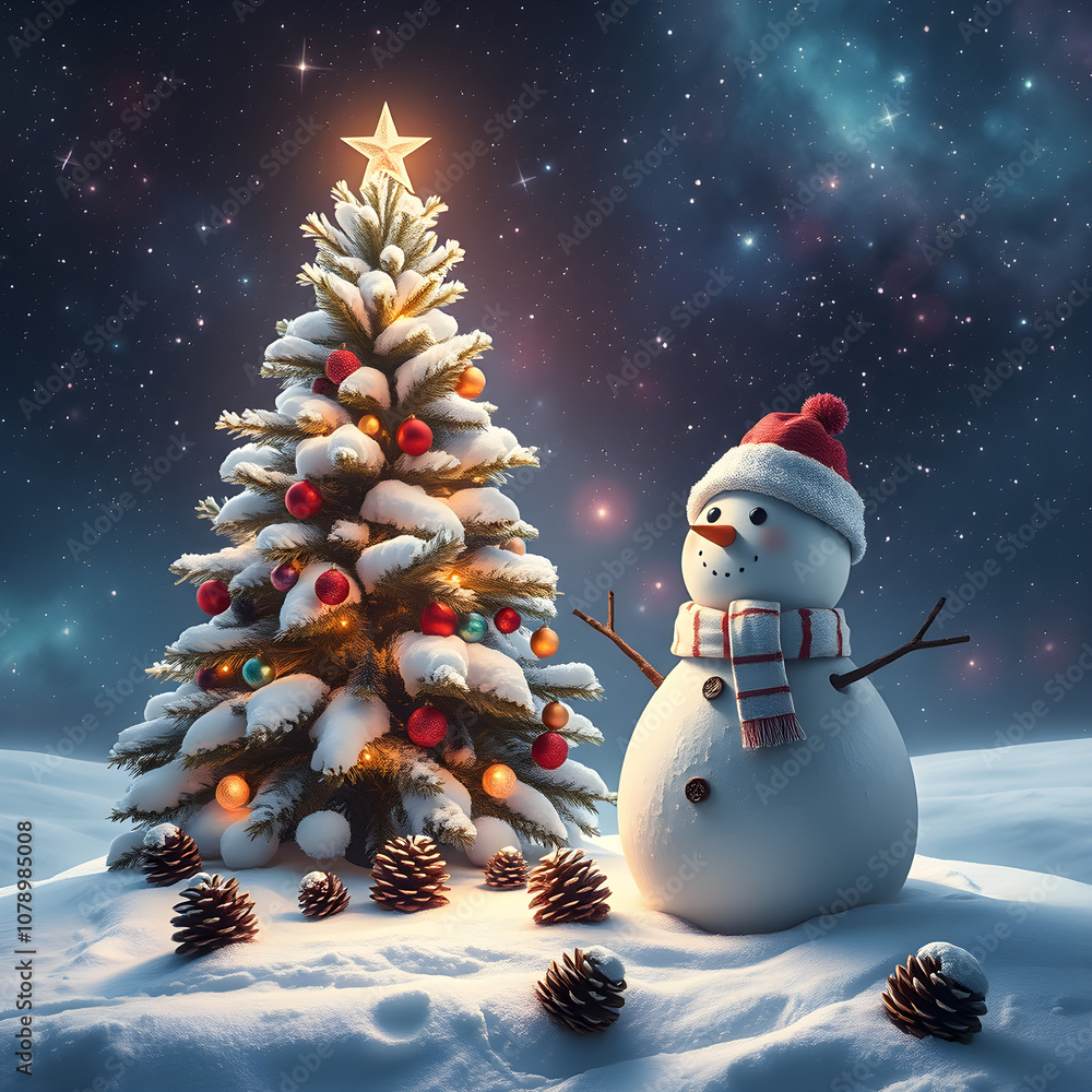 Obraz premium Snow man and Christmas tree. Christmas scene