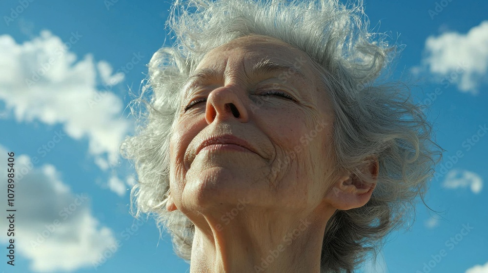 Elderly Woman Gazing Up with Joyful Expression Elderly Woman Gazing Up with Joyful Expression
