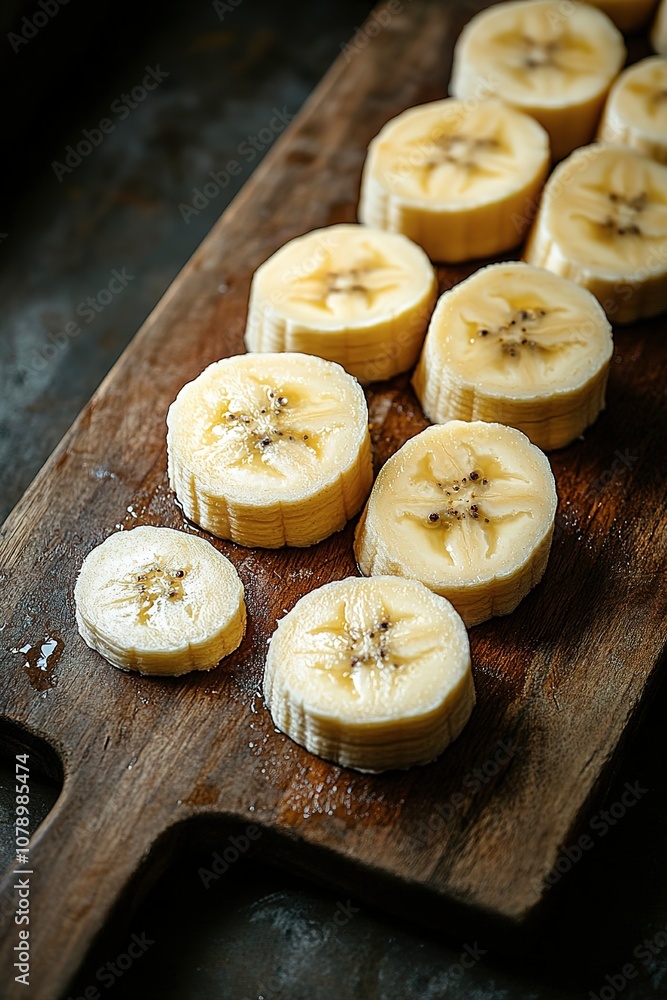 A bunch of bananas are sliced on a wooden cutting board A bunch of bananas are sliced on a wooden cutting board