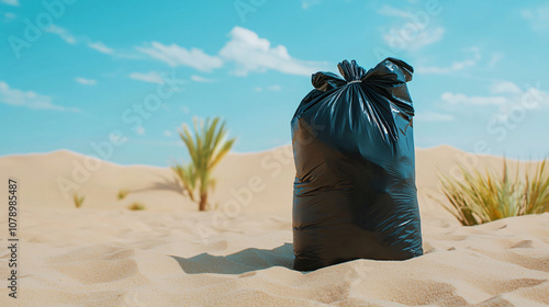 black garbage bag partially buried in desert sand under blue sky photo