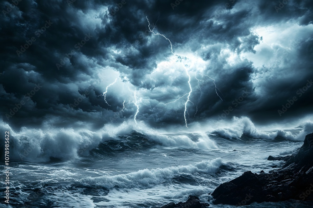 ocean storm with lightning, waves, thunderstorm and dark clouds on the sky on the rocky shore of the coastline, dramatic and powerful seascape ocean storm with lightning, waves, thunderstorm and dark clouds on the sky on the rocky shore of the coastline, dramatic and powerful seascape