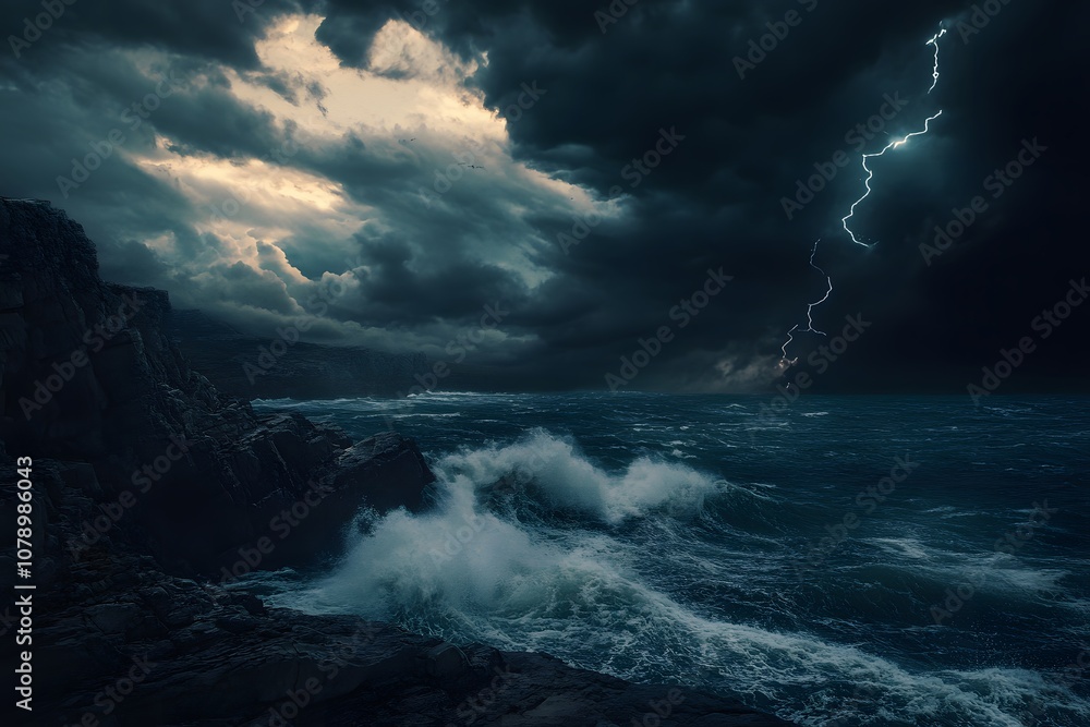 ocean storm with lightning, waves, thunderstorm and dark clouds on the sky on the rocky shore of the coastline, dramatic and powerful seascape ocean storm with lightning, waves, thunderstorm and dark clouds on the sky on the rocky shore of the coastline, dramatic and powerful seascape