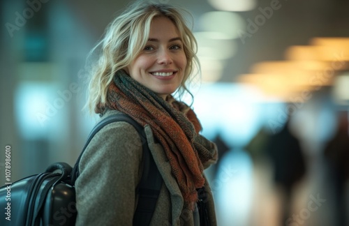 Smiling Blonde Woman Standing in Airport with Suitcase and Scarf