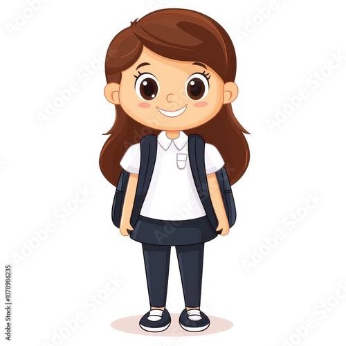Cute student girl clipart character stands with backpack on transparent background for educational use
