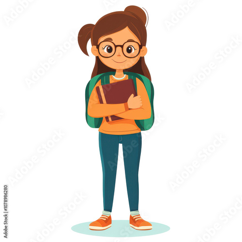 Cute student girl stands confidently holding books with backpack on transparent background