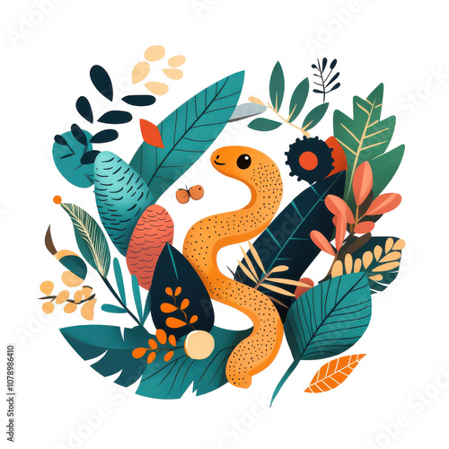 Create a charming snake clipart with a vibrant nature background for engaging designs
