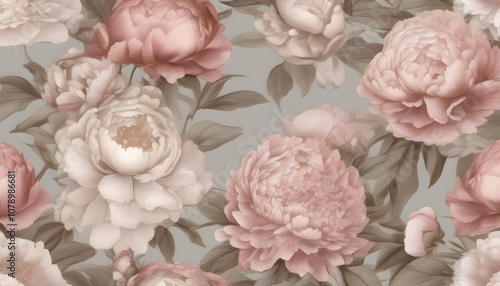 A vintage-inspired floral pattern featuring soft, romantic blooms of peonies and roses, arranged in an intricate, classic garden layout with muted tones.