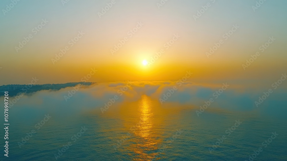 Naklejka premium A sunrise over the ocean with clouds and reflections in the water.