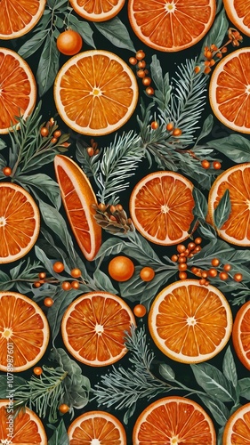 Seamless Christmas pattern with orange slices and festive plants