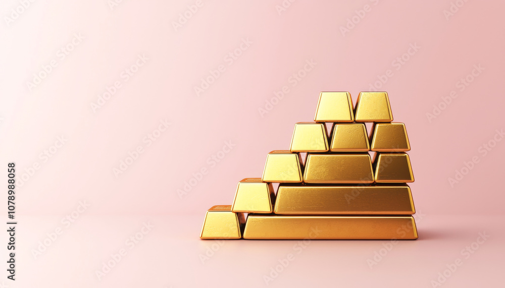 stack of shiny gold bars arranged in pyramid shape against soft pink background, symbolizing wealth and prosperity stack of shiny gold bars arranged in pyramid shape against soft pink background, symbolizing wealth and prosperity