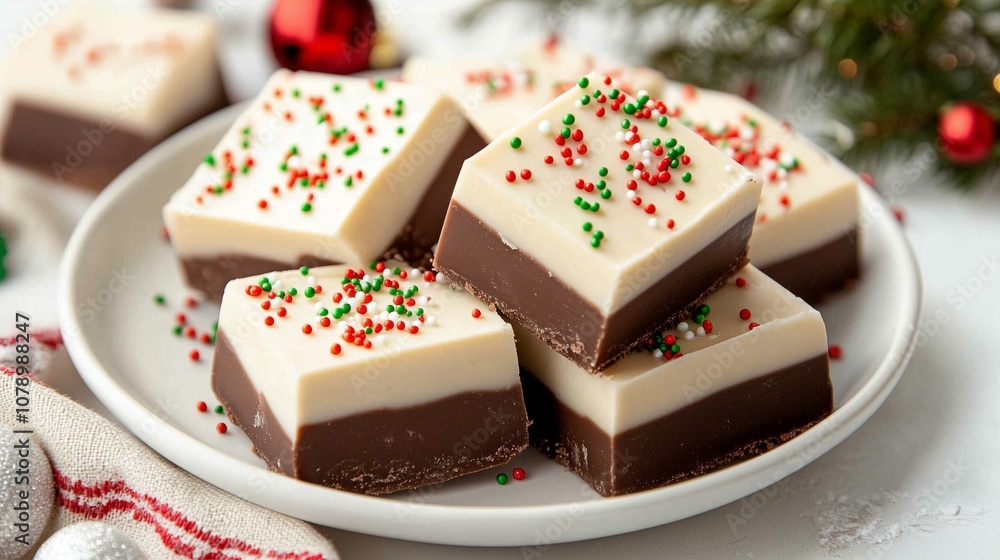 A plate of white and chocolate fudge squares topped with red and green sprinkles A plate of white and chocolate fudge squares topped with red and green sprinkles