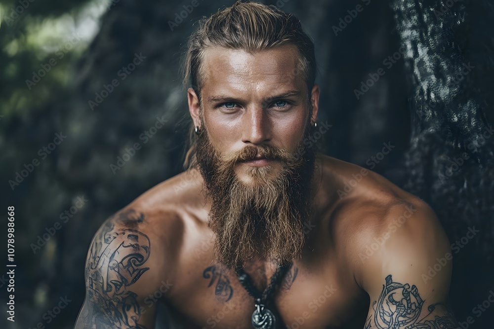 serious muscular tattooed man with a beard and tattoos in the forest in the nature, representing strength, masculine and body art of a warrior serious muscular tattooed man with a beard and tattoos in the forest in the nature, representing strength, masculine and body art of a warrior