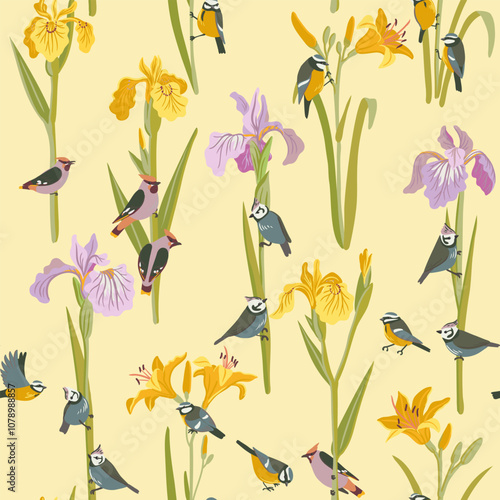 seamless pattern with irises and birds, vector drawing flowers and crested tits at light yellow background, hand drawn botanical illustration