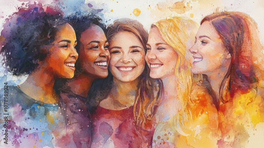 Diverse Women Smiling in Watercolor Style Diverse Women Smiling in Watercolor Style