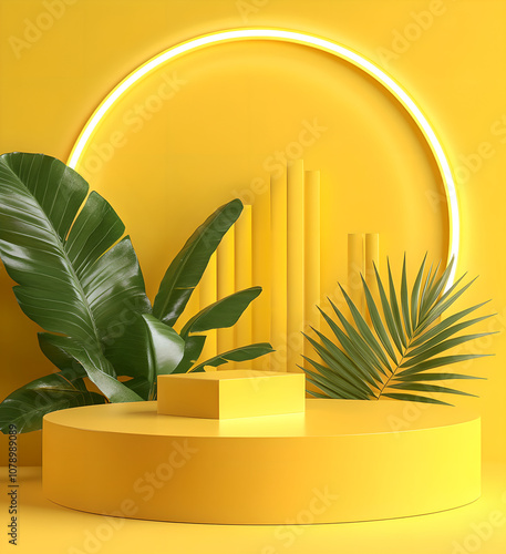 Yellow podium with green leaves and geometric shapes on the background