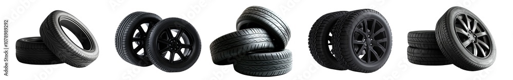 Black automobile tires collection isolated on transparent background, PNG. Clipart template 