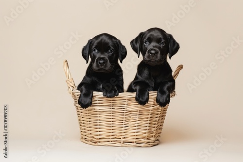 Two black Labrador puppies are playfully positioned in a wicker basket. Their innocent expressions and sleek fur create a heartwarming focal point against a subtle background photo