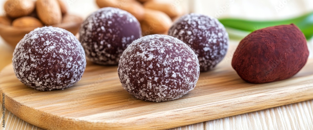 Delicious Chocolate Truffles with Coconut Flakes on Wooden Cutting Board Delicious Chocolate Truffles with Coconut Flakes on Wooden Cutting Board