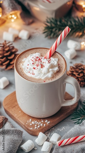 A mug of hot chocolate topped with whipped cream and crushed candy canes sits on a wooden coaster, surrounded by marshmallows and pine sprigs