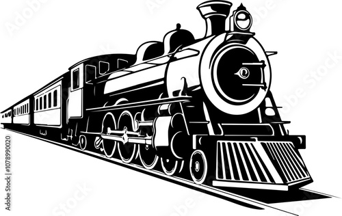 Vintage Black and White Vector Train Illustration: A detailed steam locomotive in motion, ideal for transportation-themed designs.