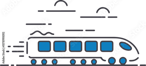 Vector Train Design: A stylized, blue and white illustration of a speeding train against a simple background, ideal for transportation graphics.