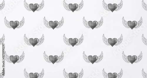 Hand drawn pattern heart with wings gray background