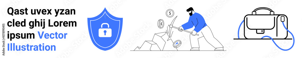 Person digging through rocks discovering symbols of coins, clock, and percentage. Shield lock, business bag. Ideal for fintech, security, banking, e-commerce, investments, online learning. Landing Person digging through rocks discovering symbols of coins, clock, and percentage. Shield lock, business bag. Ideal for fintech, security, banking, e-commerce, investments, online learning. Landing