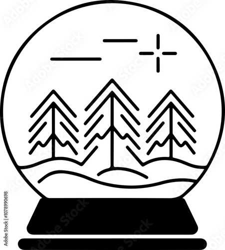 Minimalist vector depiction of a snow globe featuring pine trees and a snowy landscape, ideal for winter-themed designs.