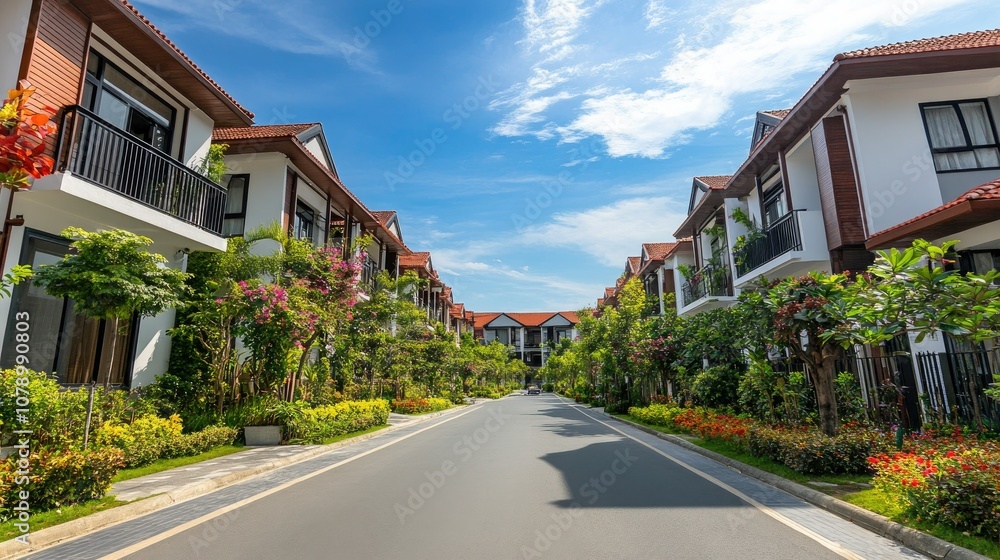 Serene Street in a Residential Area with Lush Gardens Serene Street in a Residential Area with Lush Gardens