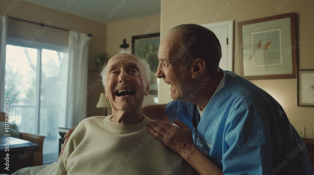 Obraz premium A home health care worker assists an elderly man in his home