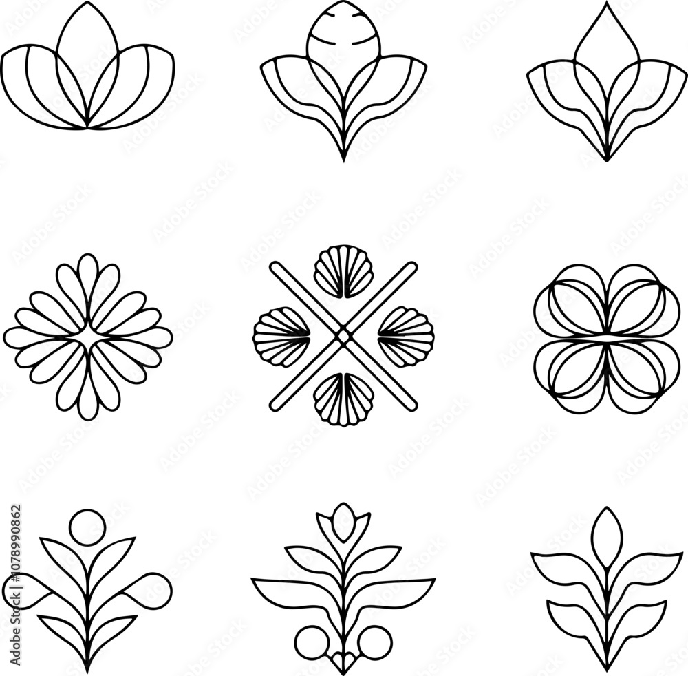 Fototapeta premium Minimalist vector floral patterns featuring line art designs in black on a light background, suitable for decoration or branding.