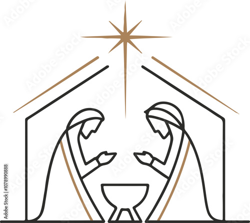 Minimalist Nativity Scene: Depicts Mary and Joseph in line art style with earthy tones, perfect for holiday decorations or religious themes.