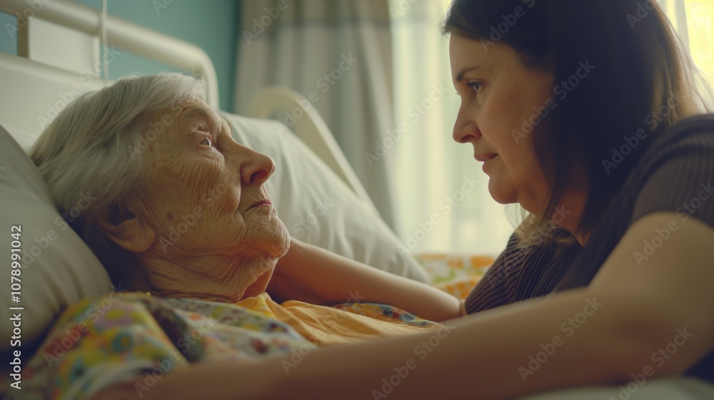 A woman assists her mother in hospice in the hospital A woman assists her mother in hospice in the hospital