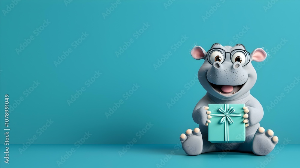 Joyful baby hippo unwrapping a colorful present against a vibrant blue backdrop, embodying pure delight and curiosity. Joyful baby hippo unwrapping a colorful present against a vibrant blue backdrop, embodying pure delight and curiosity.