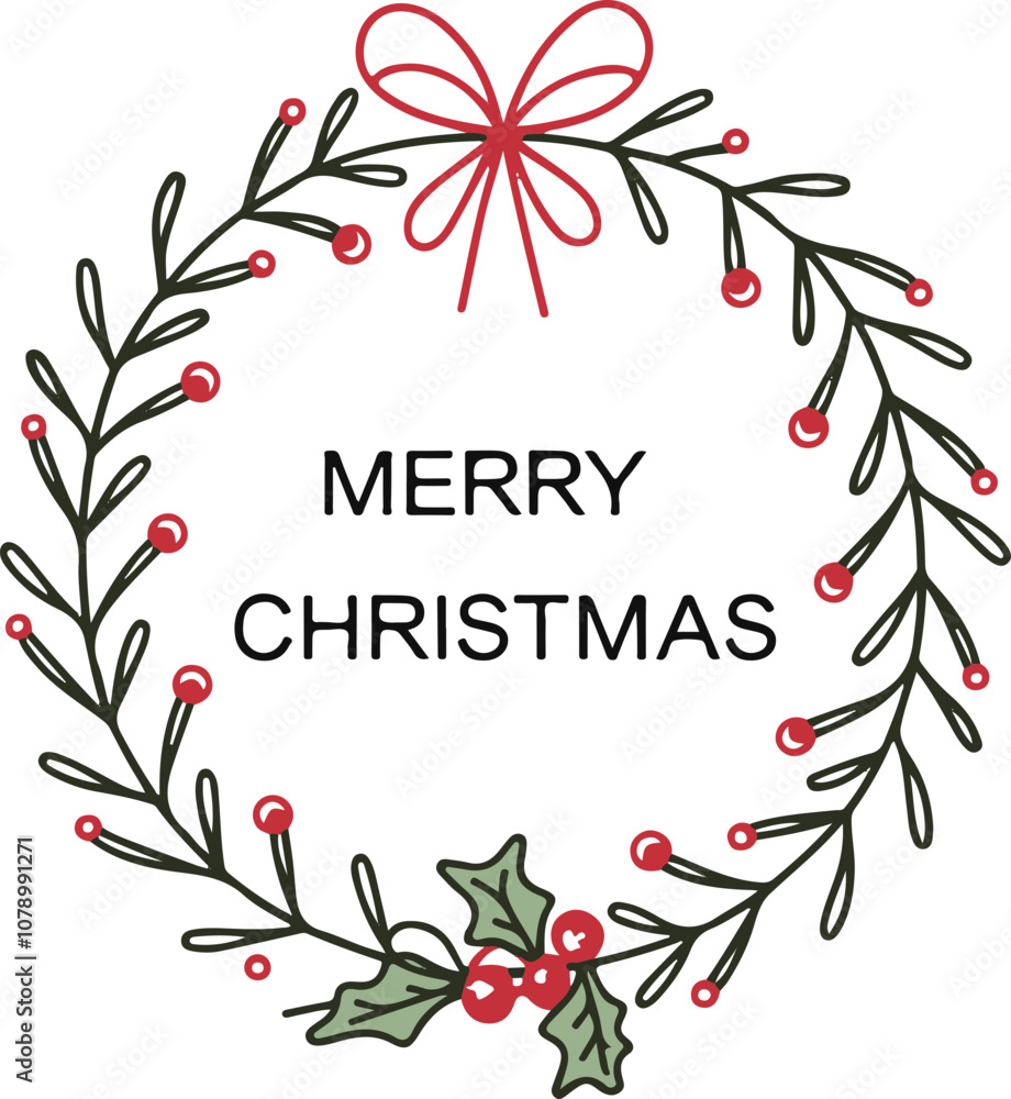 Fototapeta premium Vector Christmas Wreath with Red Bow and Holly Berries for Holiday Greetings