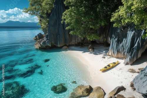 Secluded white sand beach with turquoise water, limestone cliffs, lush vegetation, and a yellow kayak, creating a serene tropical paradise in raja ampat, indonesia photo