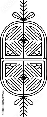 Minimalist vector art depicting an intricate ornament with symmetrical designs and bow accents, suitable for decoration or crafting.