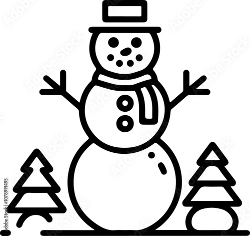 Vector illustration of a cheerful snowman with trees, perfect for winter holiday designs and festive decorations.