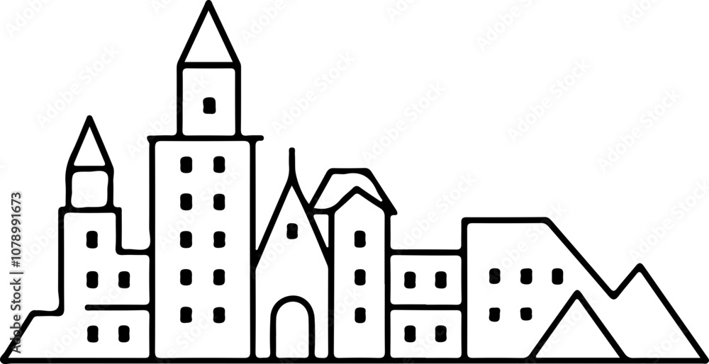 Fototapeta premium Vector illustration of a medieval castle silhouette with pointed towers, suitable for design, backgrounds, and architectural themes.
