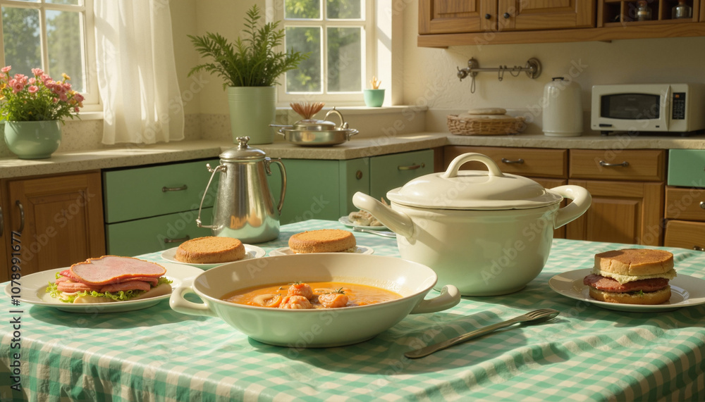 Delicious soup with sandwiches on a table in a bright kitchen setting Delicious soup with sandwiches on a table in a bright kitchen setting