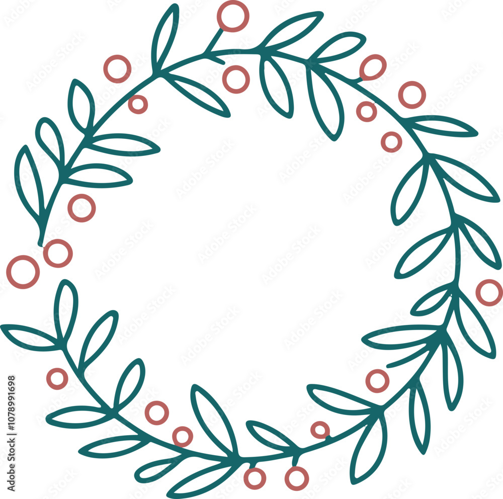 Elegant vector wreath featuring green leaves and red berries, perfect for holiday decorations and invitations.
