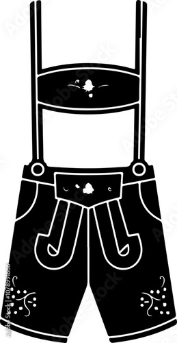 Stylized vector illustration of traditional lederhosen, featuring suspenders and decorative embroidery for cultural design uses.