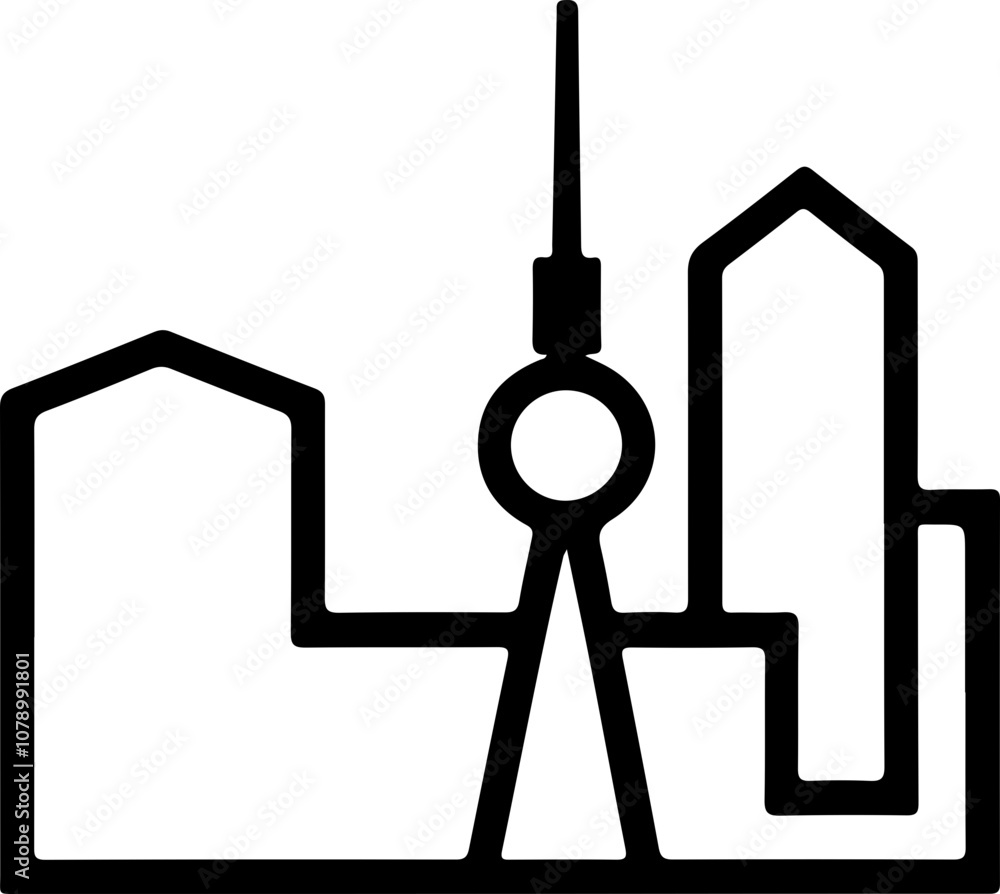 Minimalist vector skyline with urban buildings and a tower in black, ideal for city-related projects and designs. Minimalist vector skyline with urban buildings and a tower in black, ideal for city-related projects and designs.